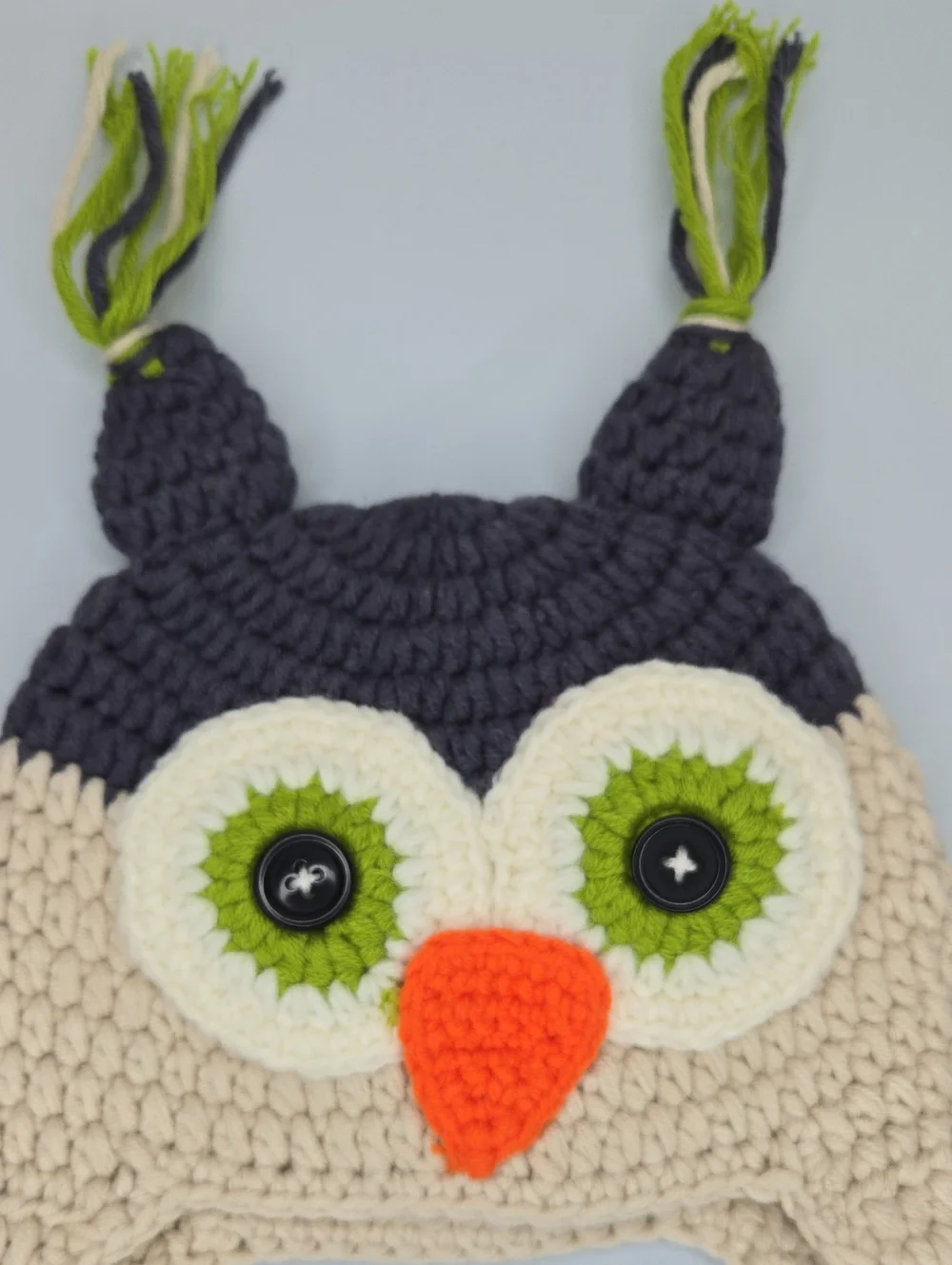 Crochet Owl Beanie Hat Beige & Navy NWT